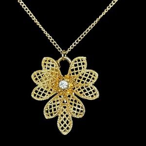 Vintage Waffle Weave Flower Rhinestone Pendant Necklace Miraculous Mary Charm